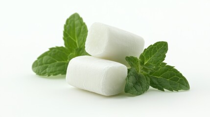 Two pieces of chewing gum accompanied by fresh mint leaves set against a white background