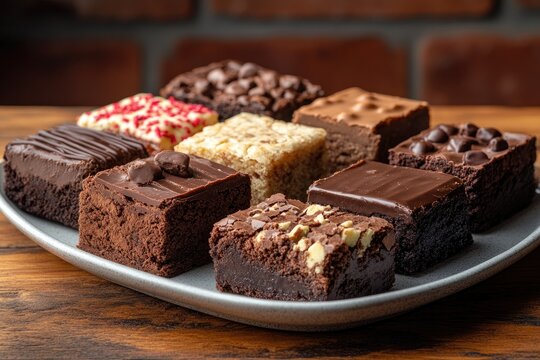 Delicious chocolate brownies variety on rustic plate