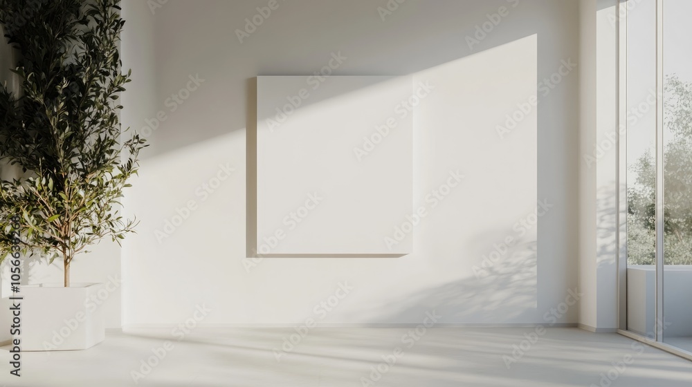 Aufkleber minimalist abstract scene featuring a blank canvas in a bright room with ample copy space