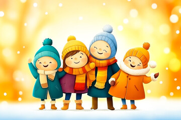 Fototapeta premium Cuatro niños sonrientes vestidos con ropa de invierno, disfrutando de la temporada festiva en un ambiente colorido y alegre. 