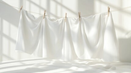 Freshly laundered white sheets hanging on a line with clothespins A clean open space for mockup or text placement