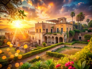 Fototapeta premium Bokeh paints the Posillipo Villa ruins in Naples.