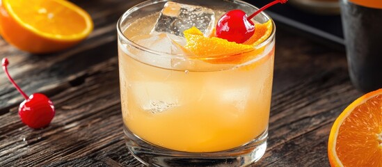 Whiskey Sour Cocktail Garnished With Orange And Cherry