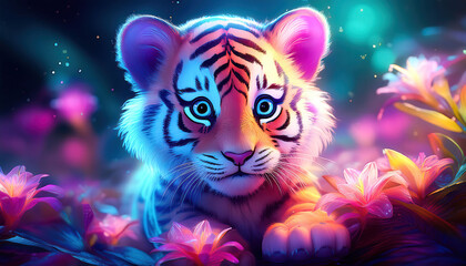 A miniature baby tiger blooming in an ethereal biome, where both flora and fauna glow with bioluminescence.