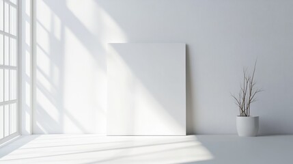 Fototapeta premium Minimalist abstract scene featuring a blank canvas in a bright room with ample copy space