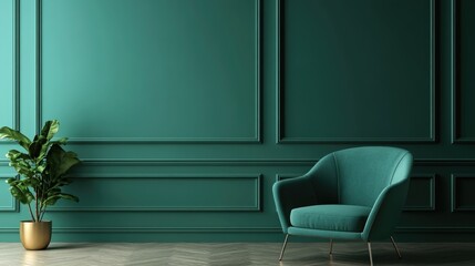 Luxury classic interior featuring a clean blue green aesthetic highlighted by a green soft armchair and a vintage blue green chair against an emerald wall Minimalist design elements