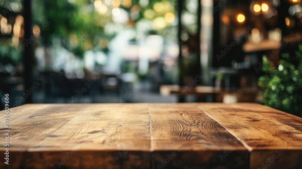 Poster empty wooden table in a cafe setting perfect for product displays with a blurred bokeh background th