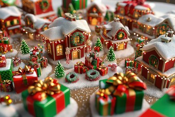 Fototapeta premium A 3D-rendered scene of a Christmas village display on a tabletop. The village is surrounded by Christmas gifts in bright red, green, and gold wrapping.