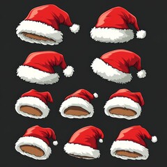 Collection of red Santa hats on black background