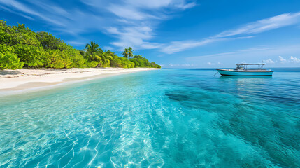 Fototapeta premium Tropical island scenery with a sandy beach clear blue water a distant boat and the opposite shoreline. Tropical Island Shoreline. Illustration
