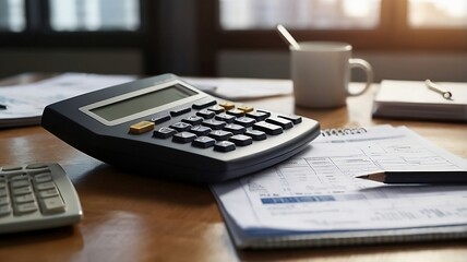 Tax Season. Calculator and pen on table