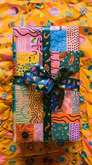 Conceptual holiday gift with creative and colorful patterns.