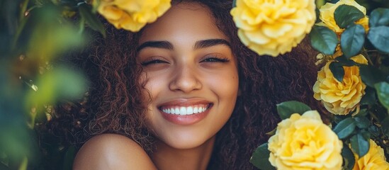 Happy Woman With Fresh Yellow Roses