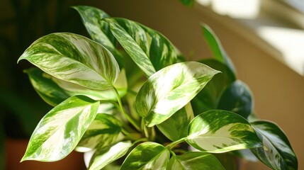 Obraz premium Variegated green and white leaves of a houseplant illuminated by sunlight showcasing a natural indoor gardening and plant care theme