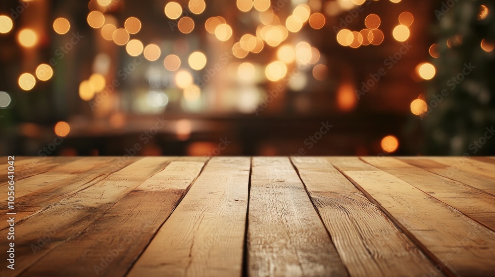Poster empty wooden tabletop with a blurred bokeh light backdrop suitable for showcasing products