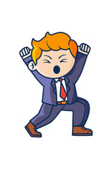 A man in a suit makes a fist and shouts, as if celebrating a victory or achievement