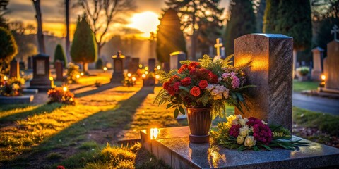 Obraz premium Dim light illuminates the poignant beauty of funeral blooms.