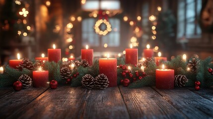 Christmas candles burning bright on rustic wooden table