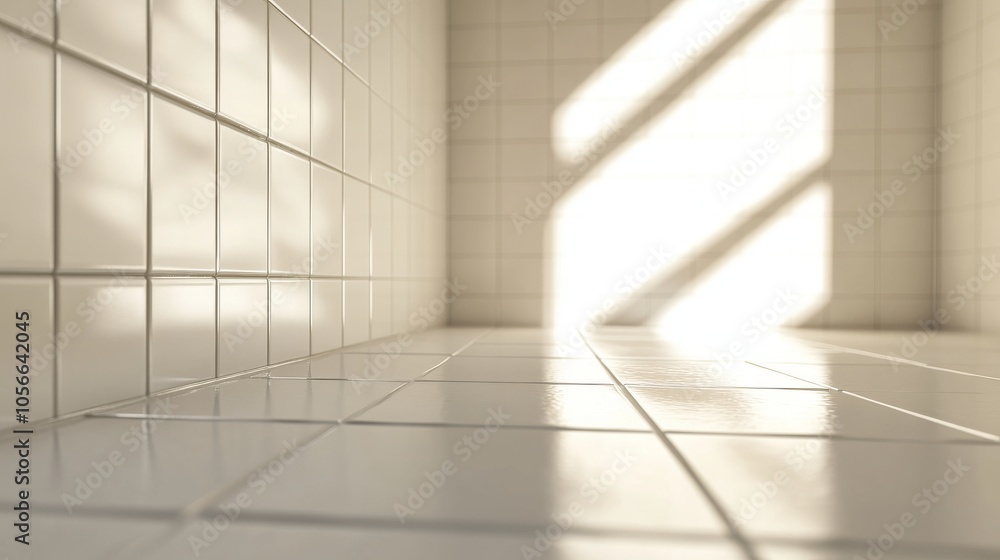 Poster a bathroom with a white tile floor and a window that lets in sunlight. the room is empty and has a c