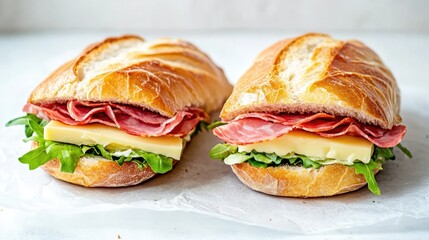 Two sandwiches filled with ham cheese and fresh salad