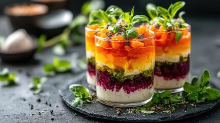 Layered dessert verrines with colorful fruits, vegetables, and creamy filling, garnished with fresh herbs