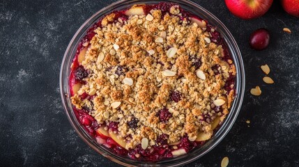 Cranberry and apple crumble in a glass baking dish topped with almond flakes against a dark stone background Top view
