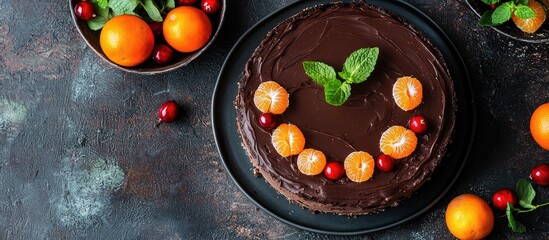 Classic Cheesecake With Chocolate Ganache Decorated With Tangerines Kumquat Physalis Cranberries And Mint In Warm Colors Top View