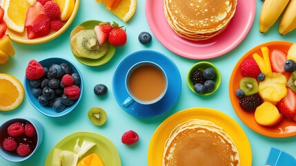 A vibrant photo showcasing an enticing breakfast spread, featuring an array of colorful and delicious dishes. The scene includes fluffy pancakes topped with fresh berries, a perfectly cooked omelet, 