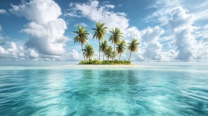 Mystical tropical island graphic featuring coconut trees isolated in the ocean surrounded by clear blue waters and a cloudy sky