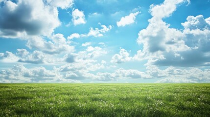 Obraz premium Panoramic nature backdrop featuring a blue sky with white clouds and a lush green meadow ideal for creating a serene atmosphere
