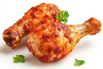  Dos muslos de pollo asado al horno con especias, decorados con perejil. Presentaci&oacute;n apetitosa y colorida.
