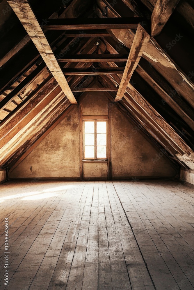 Poster a large, empty attic with a window in the middle. the room is very bare and empty, with no furniture