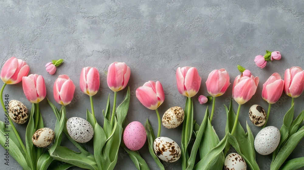 Poster pink tulips and quail eggs arranged on a gray backdrop ideal for an easter themed greeting card desi