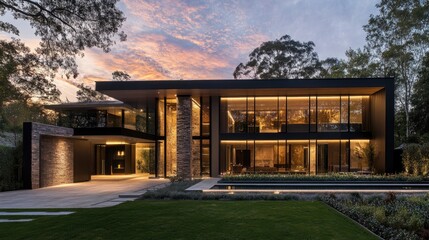 Fototapeta premium A Contemporary Residence Enveloped in the Soft Glow of Dusk