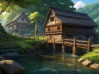 Fototapeta premium Fabulous country morning, quiet countryside, beautiful house by the river with a wooden bridge in a picturesque location