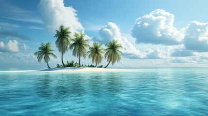 Fototapeta premium Mystical tropical island graphic featuring coconut trees isolated in the ocean surrounded by clear blue waters and a cloudy sky