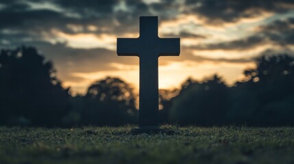 Silhouette of a Cross at Sunset with Dramatic Sky and Trees in the Background