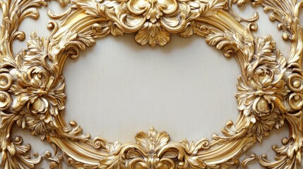 An elaborate golden oval frame featuring intricate baroque designs showcases timeless elegance against a simple backdrop