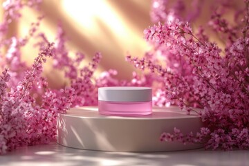 Cosmetic jar displayed on round podium surrounded by cherry blossoms