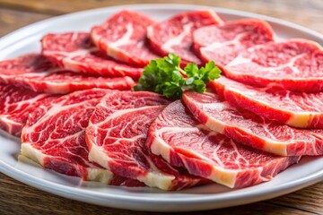 Freshly sliced, raw perfection, the essence of pure protein, showcased on a stark white plate.