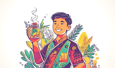 Fototapeta premium Thai Herbal Medicine Experimentation and Extraction Process, Featuring Colorful Traditional Herbs, Laboratory Equipment, and Scientific Analysis