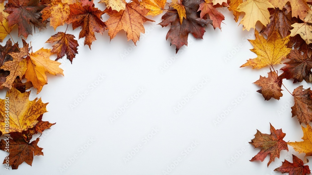 Poster maple leaves on a white backdrop creating an autumn themed design with ample space for text