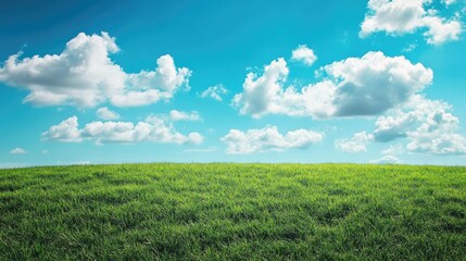 Fototapeta premium Panoramic nature backdrop featuring a blue sky with white clouds and a lush green meadow ideal for creating a serene atmosphere