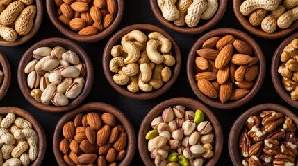 Assorted nuts in wooden bowls from an overhead perspective featuring walnuts cashews almonds pistachios pecans hazelnuts macadamias and peanuts A selection of healthy superfoods