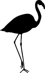 Vector silhouette drawing illustration of beautiful black standing on one leg flamingo bird isolated on white background.Summer design for t shirt print.Artistic stencil element for decoration.