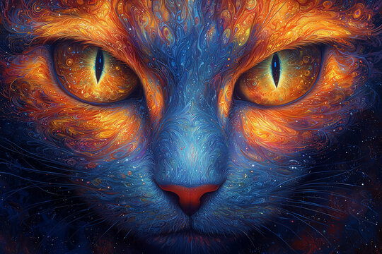 close-up of a cat's face with vibrant, swirling patterns of blue and orange suggesting a mystical presence