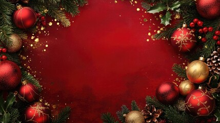 Festive red background adorned with red and gold Christmas ornaments along with lush greenery and decorations featuring ample space for customized text