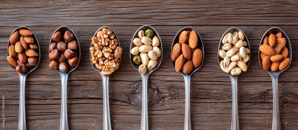 Poster mix of nuts separated in metal spoons next to each other on the rustoc and wooden background