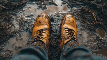 Boots immersed in mud and slush point of view Theme of inclement weather off road conditions and thawed ground
