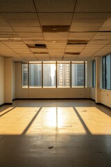 Obraz premium A large empty room with a view of the city. The room is empty and has a lot of windows